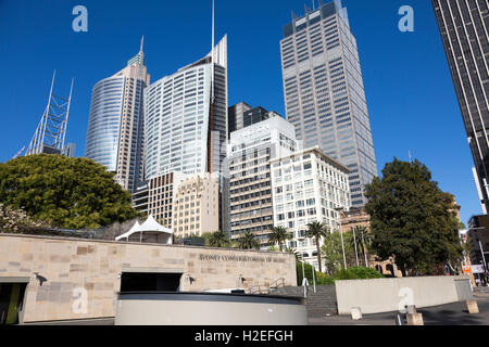 Sydney conservatorium of music and Aurora place, Chifley Tower and Governor Macquarie tower behind,Sydney,Australia Stock Photo