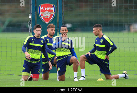(left to right) Arsenal's Hector Bellerin, Alex Oxlade-Chamberlain, Theo Walcott and Kieran Gibbs during a training session at London Colney, London. PRESS ASSOCIATION Photo. Picture date: Tuesday September 27, 2016. See PA story SOCCER Arsenal. Photo credit should read: Adam Davy/PA Wire Stock Photo