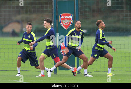 (left to right) Arsenal's Kieran Gibbs, Hector Bellerin, Theo Walcott and Alex Oxlade-Chamberlain during a training session at London Colney, London. PRESS ASSOCIATION Photo. Picture date: Tuesday September 27, 2016. See PA story SOCCER Arsenal. Photo credit should read: Adam Davy/PA Wire Stock Photo