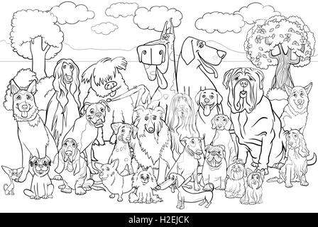 Black and White Cartoon Illustration of Purebred Dogs Large Group against Park Scene Coloring Book Stock Vector