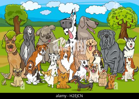 Cartoon Illustration of Purebred Dogs Large Group against Rural Landscape or Park Scene Stock Vector
