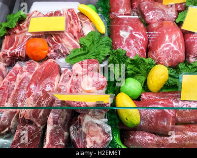 Red Meat For Sale In Butcher Shop Stock Photo