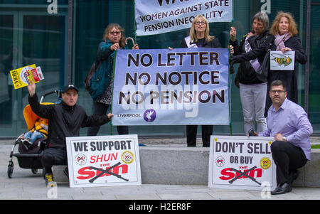 Liverpool, Merseyside, UK. 27th September, 2016. Don't buy the Sun newspaper campaigners lobby delegates. 27 years after the Hillsborough disaster the campaign to outlaw the sun newspaper in the city of Liverpool continues.   A local lobbying group were incensed that copies of the newspaper were being given away inside the conference hall. Credit: MediaWorldImages/Alamy Live News Stock Photo