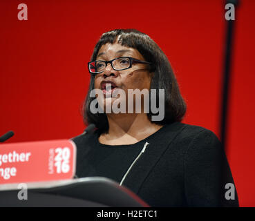 Liverpool, UK. 27th September, 2016. Labour Party Conference in Liverpool. Diane Abbott Shadow Secretary of State for Health. Made Home Secretary October 2016   Credit:  Della Batchelor/Alamy Live News Stock Photo