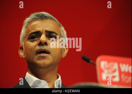 Liverpool, England. 27th September, 2016.  Sadiq Khan, Mayor of London, delivers a speech during the morning session of the third day of the Labour Party annual conference at the ACC Conference Centre. This conference is following Jeremy CorbynÕs re-election as labour party leader after nine weeks of campaigning against fellow candidate, Owen Smith. Credit:  Kevin Hayes/Alamy Live News Stock Photo