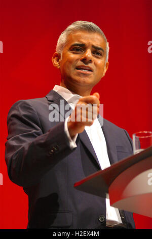 Liverpool, UK. 27th September, 2016. Sadiq Khan addresses the Labour Party Conference in Liverpool. Credit:  Rupert Rivett/Alamy Live News Stock Photo