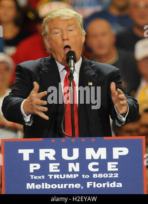 Melbourne, United States. 27th Sep, 2016.  Republican presidential nominee Donald Trump speaks at a campaign rally at the AeroMod International Hangar at Melbourne International Airport in Melbourne, Florida on September 27, 2016, the day after his first presidential debate with Democratic nominee Hillary Clinton. Credit:  Paul Hennessy/Alamy Live News Stock Photo