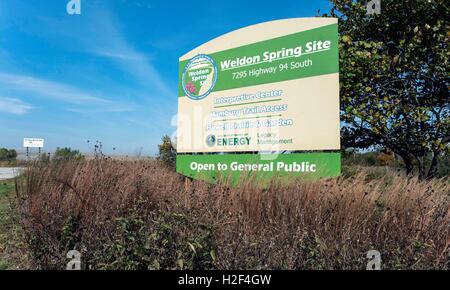 St. Charles, Missouri, USA. 28th Oct, 2016. The Weldon Spring Site Remedial Action Project Disposal Cell is a 41-acre site for the storage of radioactive waste. During WW II, the U.S. Army manufactured TNT here, and the U.S. Atomic Energy Commission produced uranium for nuclear weapons between 1957 and 1966. In 2001, the Department of Energy completed remediation of the Weldon site, which now holds, under tons of limestone, 1.48 million cubic yards of radioactive and chemical waste, including PCB's, mercury, asbestos, TNT, radioactive uranium and radium. The Weldon Spring Site is now a t Stock Photo