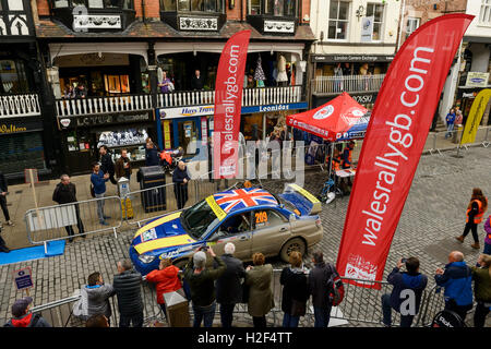 Chester, UK. 28th October, 2016. Wales Rally GB. At the end of day one, Wug Utting driving a Subaru Impreza on the WRGB National Rally drives through Chester City centre. Credit: Andrew Paterson/Alamy Live News Stock Photo