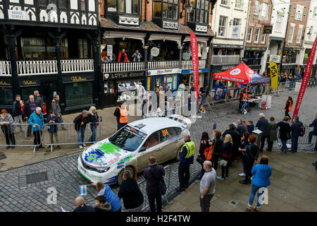 Chester, UK. 28th October, 2016. Wales Rally GB. At the end of day one, Paul Walker driving a Subaru Impreza on the WRGB National Rally drives through Chester City centre. Credit: Andrew Paterson/Alamy Live News Stock Photo
