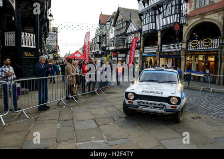 Chester, UK. 28th October, 2016. Wales Rally GB. At the end of day one, a car competing in the WRGB National Rally drives through Chester City centre. Credit: Andrew Paterson/Alamy Live News Stock Photo
