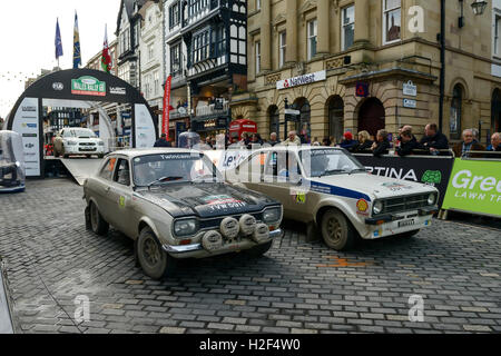 Chester, UK. 28th October, 2016. Wales Rally GB. At the end of day one, Ford Escort cars competing in the WRGB National Rally drive through Chester City centre. Credit: Andrew Paterson/Alamy Live News Stock Photo