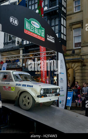 Chester, UK. 28th October, 2016. Wales Rally GB. At the end of day one, Steve Southall driving a Ford Escort on the WRGB National Rally drives through Chester City centre. Credit: Andrew Paterson/Alamy Live News Stock Photo