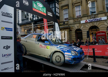 Chester, UK. 28th October, 2016. Wales Rally GB. At the end of day one, Matthew Jackson driving a Subaru Impreza on the WRGB National Rally drives through Chester City centre. Credit: Andrew Paterson/Alamy Live News Stock Photo