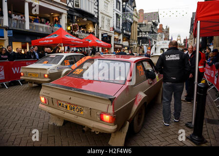 Chester, UK. 28th October, 2016. Wales Rally GB. At the end of day one, cars competing in the WRGB National Rally drive through Chester City centre. Credit: Andrew Paterson/Alamy Live News Stock Photo