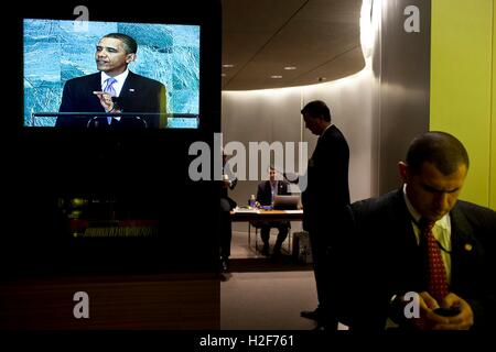 White House staff wait backstage as U.S. President Barack Obama delivers his address to the UN General Assembly at the United Nations Building September 21, 2011 in New York, New York. Stock Photo