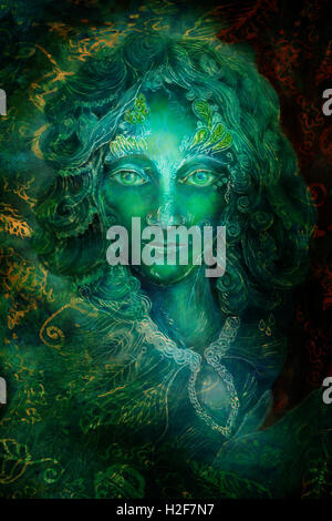 Beautiful fantasy emerald green fairy portrait, colorful close up painting, eye contact Stock Photo