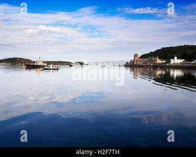 Boats in Oban Bay and St Columbas Cathedral Oban Argyll and Bute Scotland Stock Photo