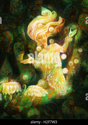 magical radiant fairy spirit in forest dwelling making floating lights Stock Photo