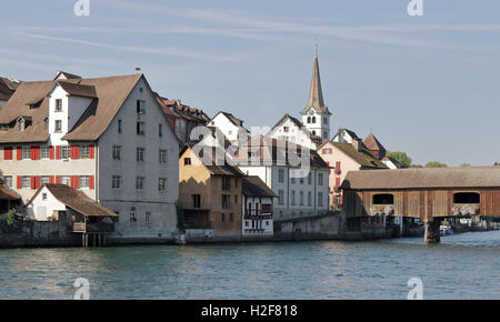 Wooden covered Bridge over the Rhine river at Diessenhofen, Switzerland Stock Photo