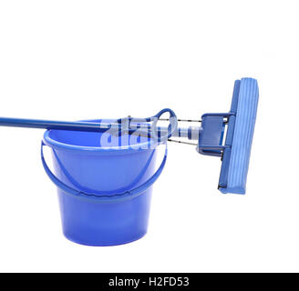 Blue bucket with sponge mop. Stock Photo