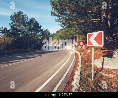 Asphalt road with road sign in the forest at sunrise. Beautiful landscape with road, trees, blue sky in summer. Vintage toning. Stock Photo