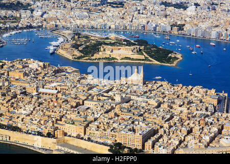 Aerial view over Floriana, Valletta looking over Manoel island and fort to Sliema, Malta Stock Photo