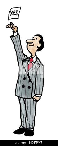 Color business illustration of businessman holding a 'yes'. Stock Photo
