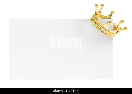 Golden Crown on Blank Card, 3D rendering isolated on white background Stock Photo