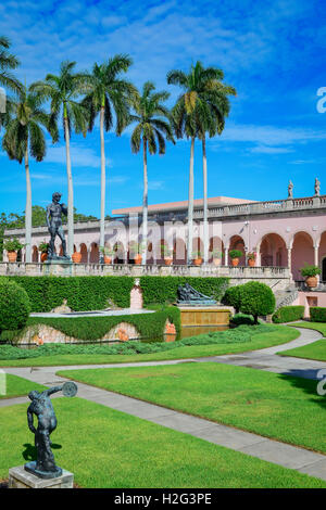 Statute of David overlooks the Opulent Venetian Gothic Style Pink portico gardens, Ringling Museum of Art in Sarasota FL Stock Photo