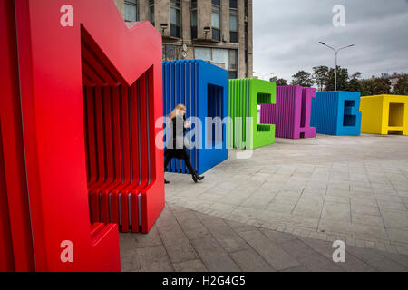 View of multi-colored capital letters 'Moscow' at Tverskaya street downtown of Russian capital, Russia Stock Photo