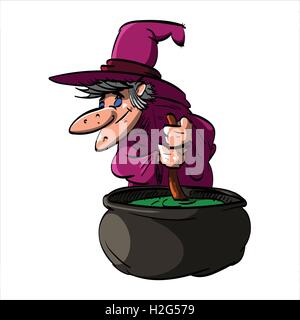 Cartoon illustration of Befana or a wtich with blue clothes and a hat, cooking in a cauldron Stock Vector