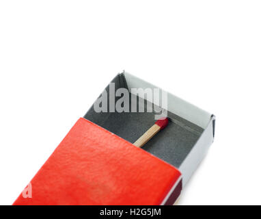 One Wooden match in box  isolated over the white background Stock Photo