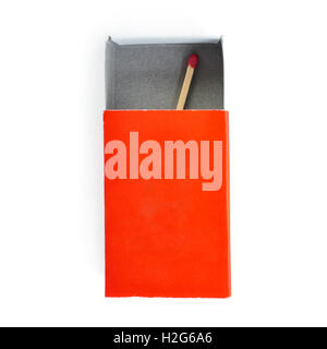 One Wooden match in box  isolated over the white background Stock Photo