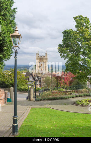 Great Malvern Priory Church from the Rose Gardens, Great Malvern, Worcestershire, England, UK Stock Photo