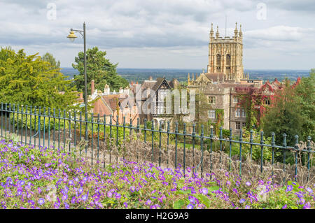 Great Malvern Priory Church from the Rose Gardens, Great Malvern, Worcestershire, England, UK Stock Photo