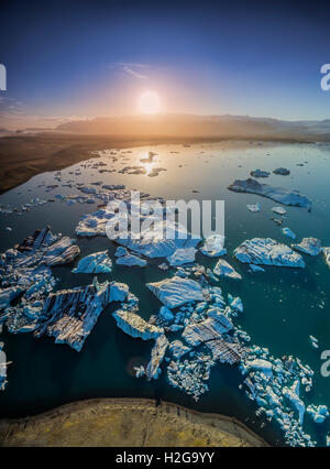 Icebergs in the Jokulsarlon, Glacial Lagoon, Breidamerkurjokull glacier, Vatnajokull Ice Cap. Iceland. Drone photography Stock Photo