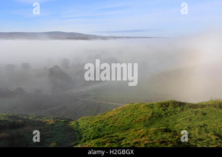 Early morning mist and fog bow near Walltown Crags, Hadrian's Wall, Northumberland - from beside Turret 44B, looking south-west Stock Photo