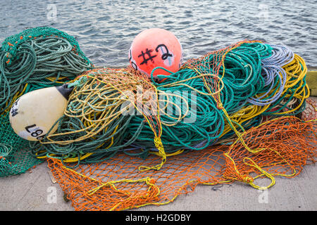 Closeup of fishing gear and rope at King's Cove, Newfoundland and Labrador, Canada. Stock Photo