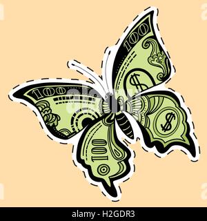 Butterfly dollar bill label sticker Stock Vector