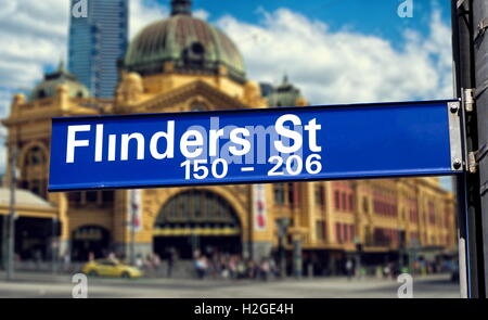Flinders street road sign in Melbourne Australia Stock Photo