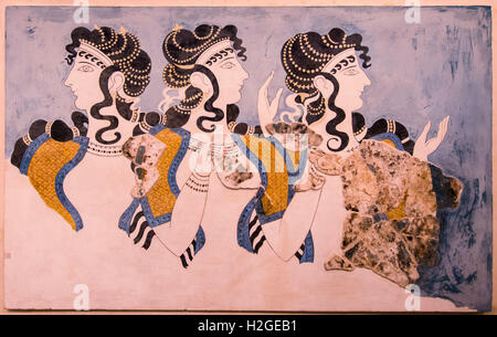 'Ladies in Blue' fresco at Knossos Palace, minoan archaeological site in Crete, Greece Stock Photo