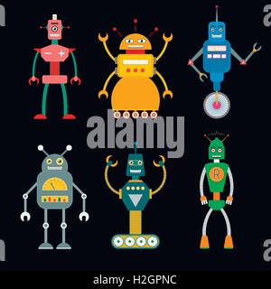 Set of cute retro toy robots in flat style. EPS10 vector illustration of vintage robot icons and characters. Stock Vector