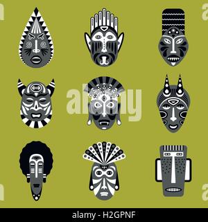 Set of ethnic mask icons in flat style. EPS10 vector collection of african tribal mask icons. Stock Vector