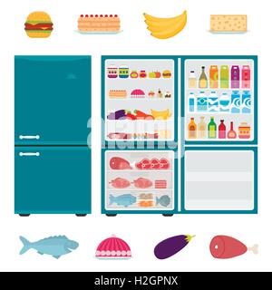 Illustration of closed and open refrigerator full of food in flat style. Fridge with hamburger, drinks, vegetables, fruit, meat, Stock Vector