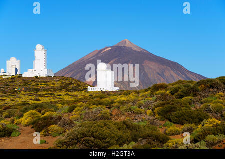 Teide Observatory, Teide Volcano in the background, Teide National Park, Aguamansa, Tenerife, Canary Islands, Spain Stock Photo