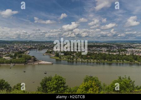 Deutsches Eck, confluence of Rhine and Moselle rivers, view from Ehrenbreitstein Fortress, Koblenz, Rheinland Pfalz, Germany Stock Photo