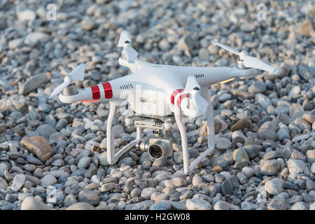 Quadcopter, drone with camera on ground, DJI Phantom 3 Stock Photo