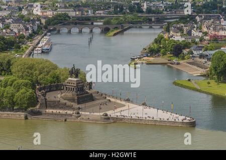 Deutsches Eck, confluence of Rhine and Moselle rivers, view from Ehrenbreitstein Fortress, Koblenz, Rheinland Pfalz, Germany Stock Photo