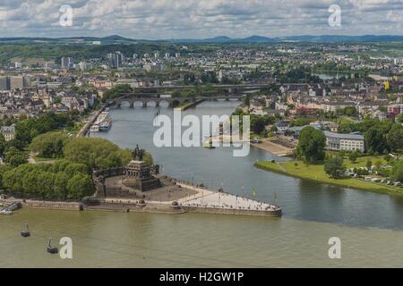 Deutsches Eck, confluence of Rhine and Moselle rivers, view from Ehrenbreitstein Fortress, Koblenz, Rheinland Pfalz, Germany Stock Photo